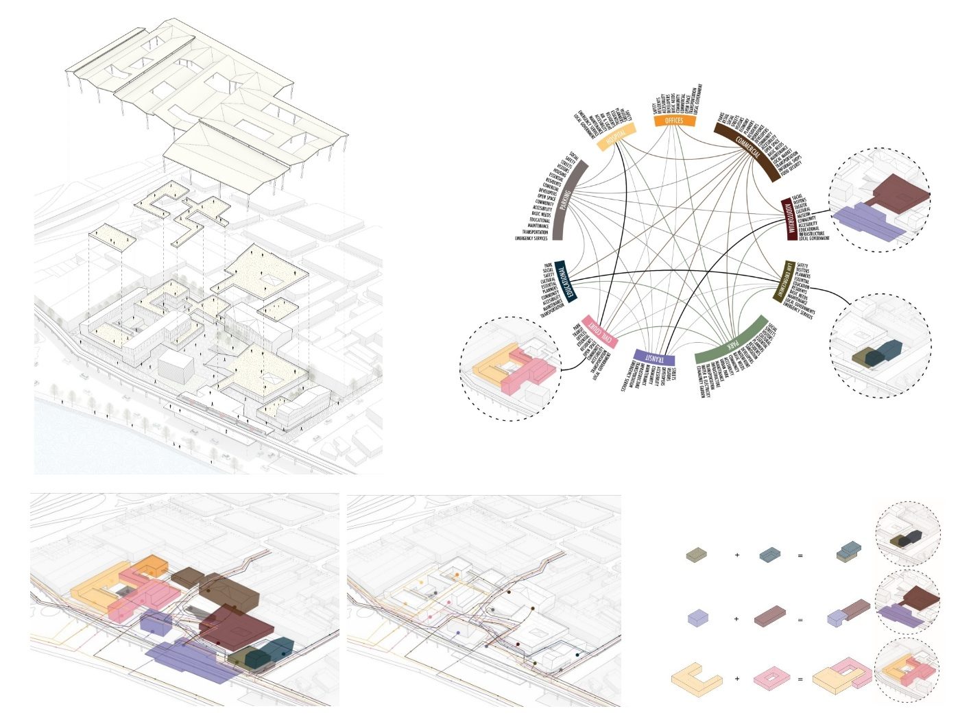 Urban constellation: exploded axonometric, program web diagr